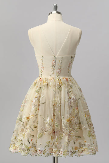 Apricot Floral A Line Illusion Beaded Mini Cocktail Dress